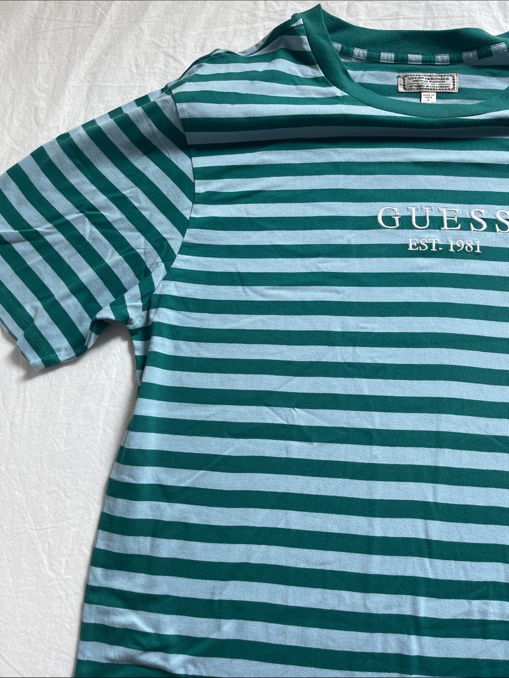 GUESS Green and Light Blue Striped Short Sleeve Tee - Picture 3 of 4